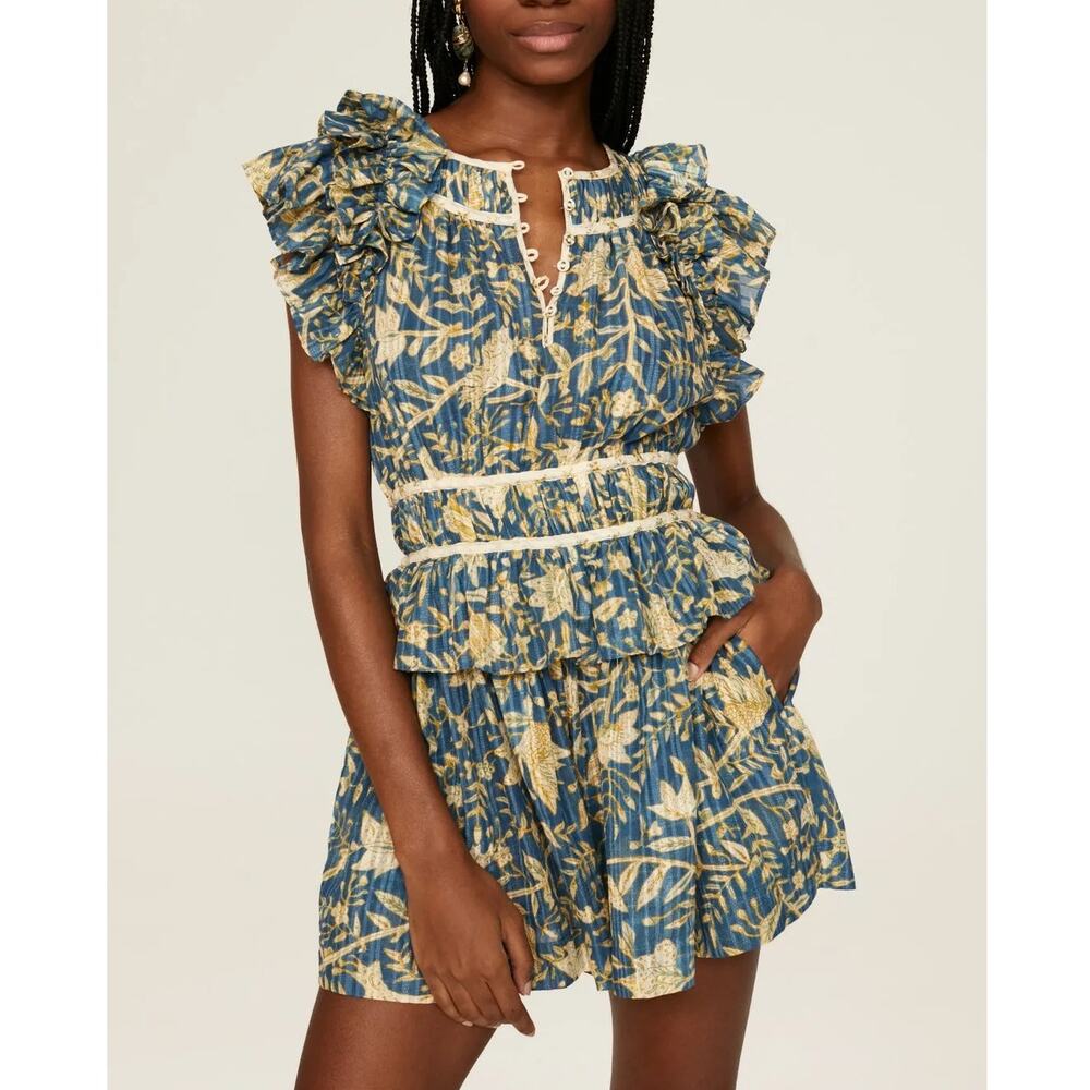 Ulla Johnson Endah Playsuit Lanai Ruffle Romper Blue Floral Size 2